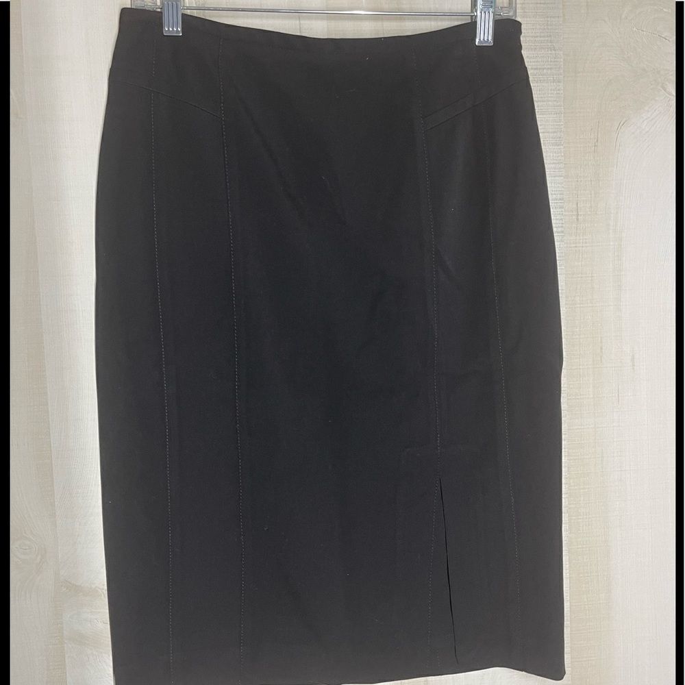 White House Black Market black knee length skirt front slit, size 6